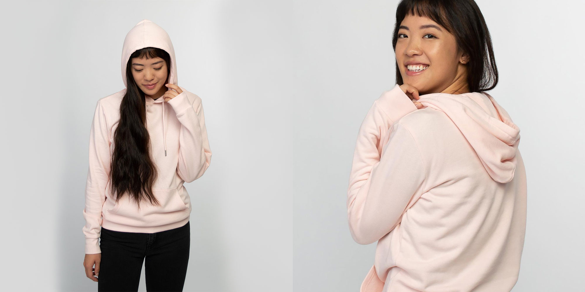 woman wearing sustainable light pink hoodie by honest basics
