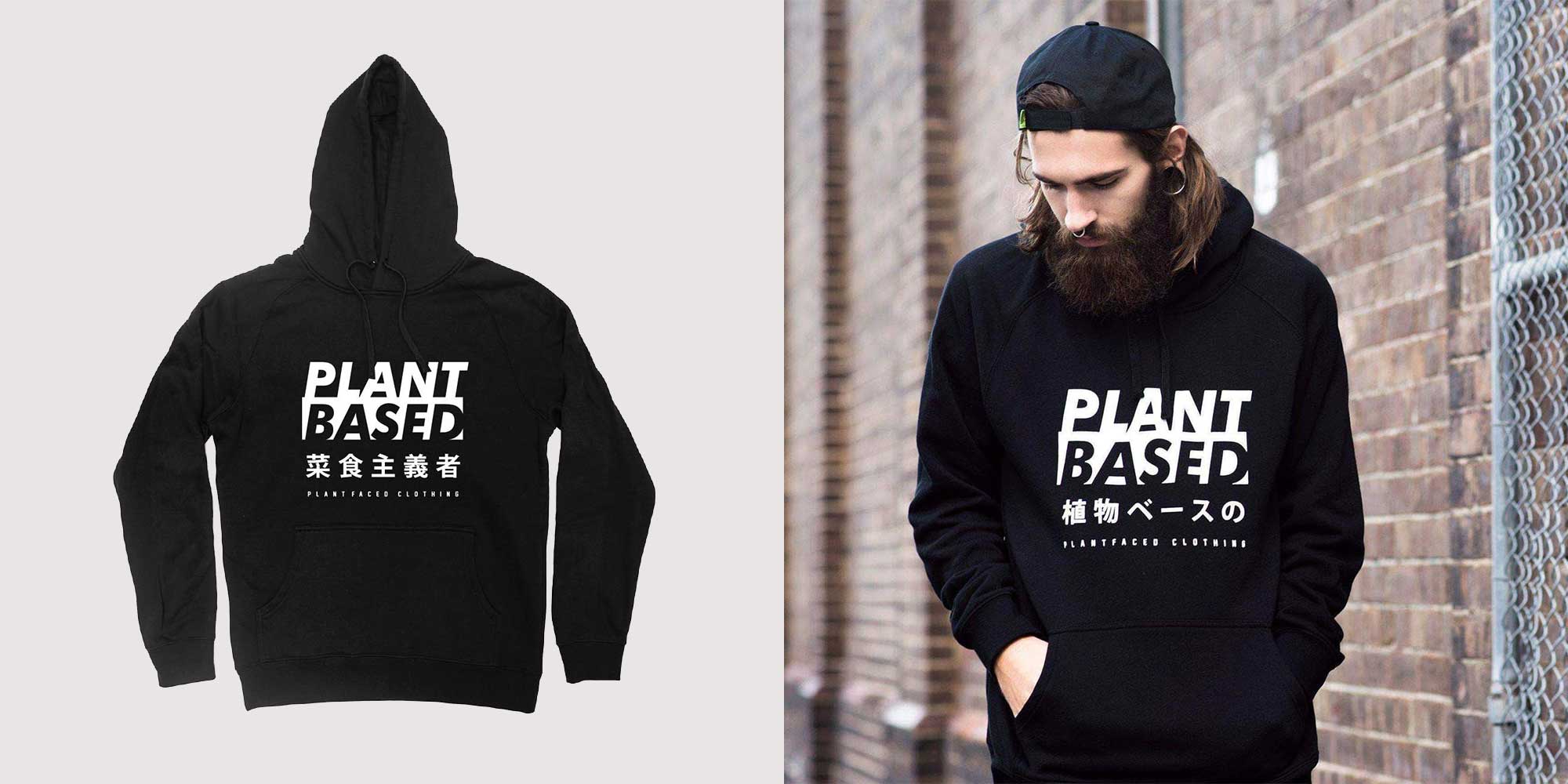 man wearing black plant based hoodie