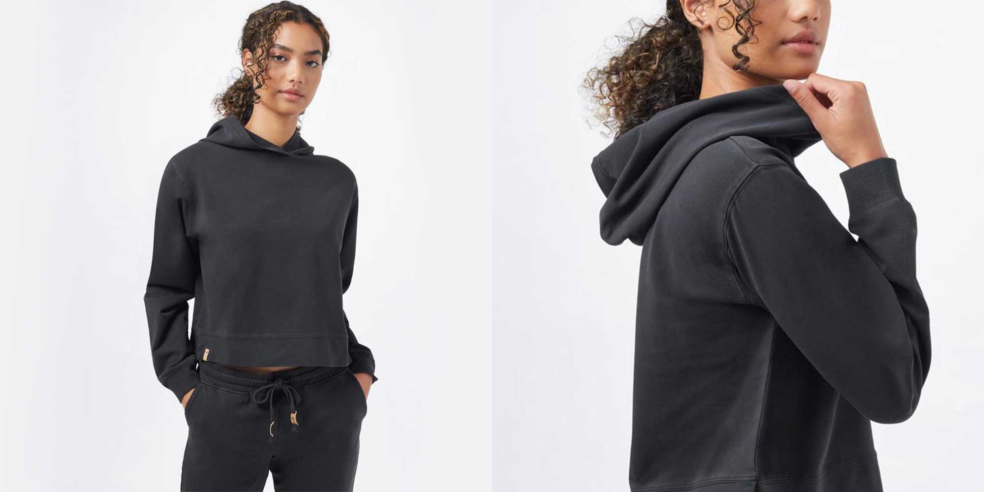 woman wearing black hoodie by ethical brand tentree