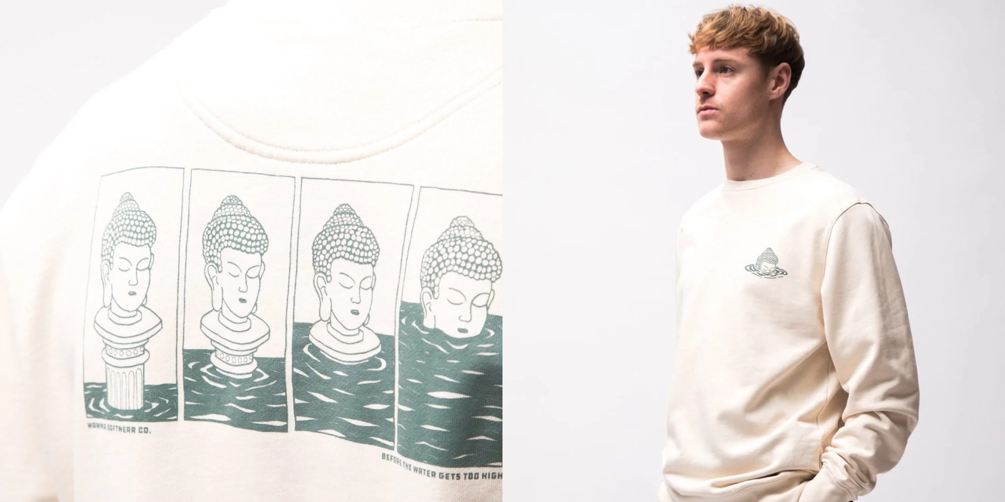 close up of print and person in natural coloured sweatshirt by WAWWA