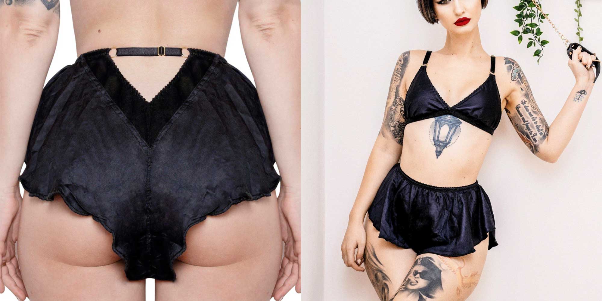 A close up shot of a bamboo silk black lingerie pants.