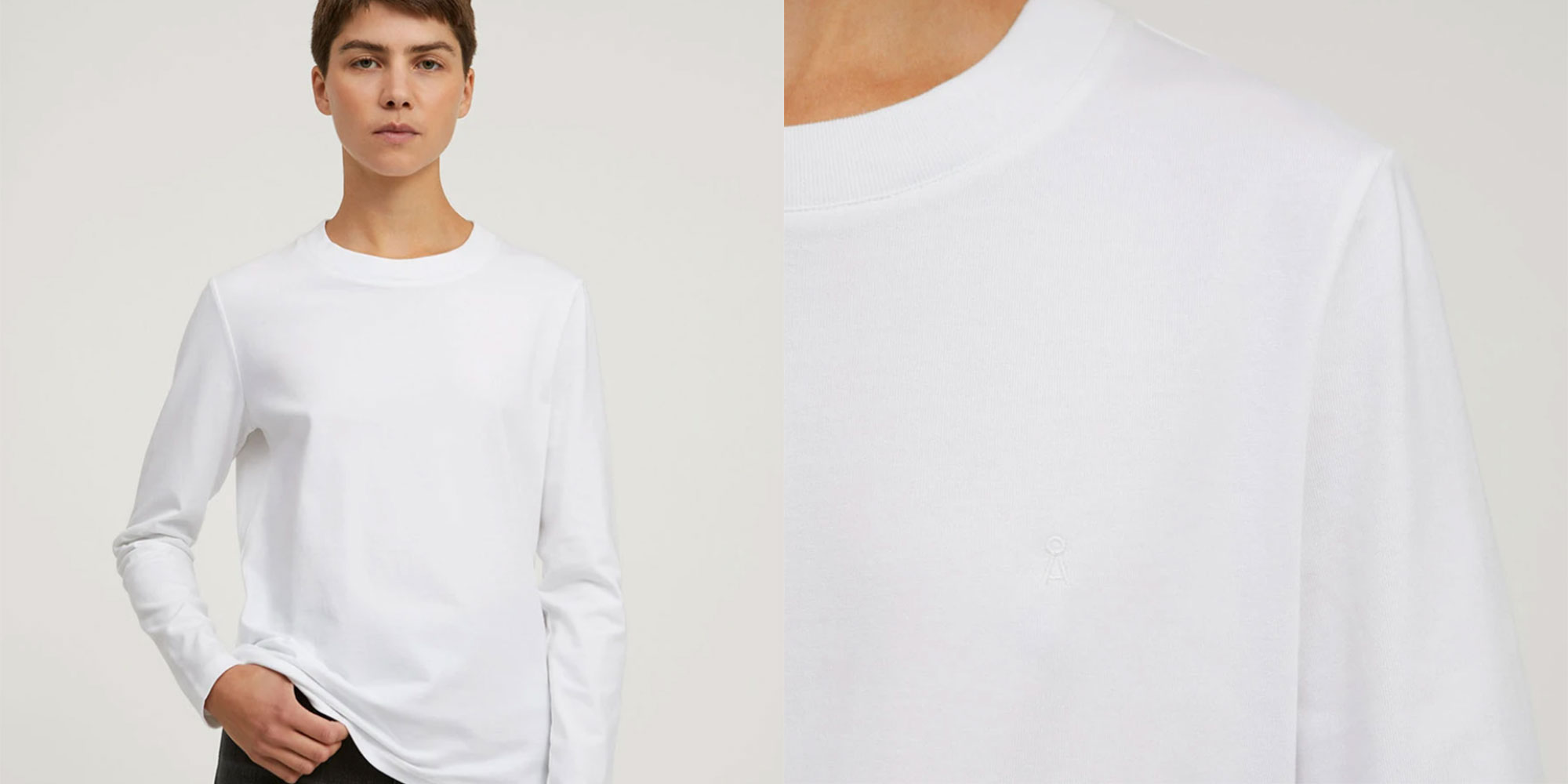 basic white long sleeve t-shirt by Armedangels worn by white woman
