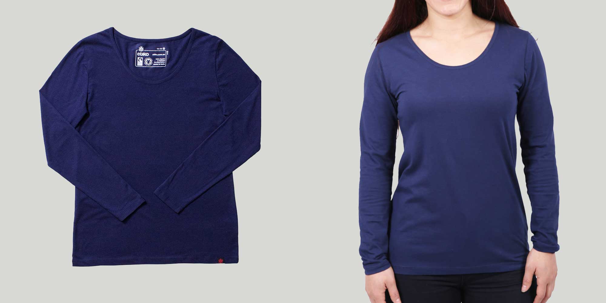 white woman wearing ethically made long sleeve navy t-shirt by Etiko