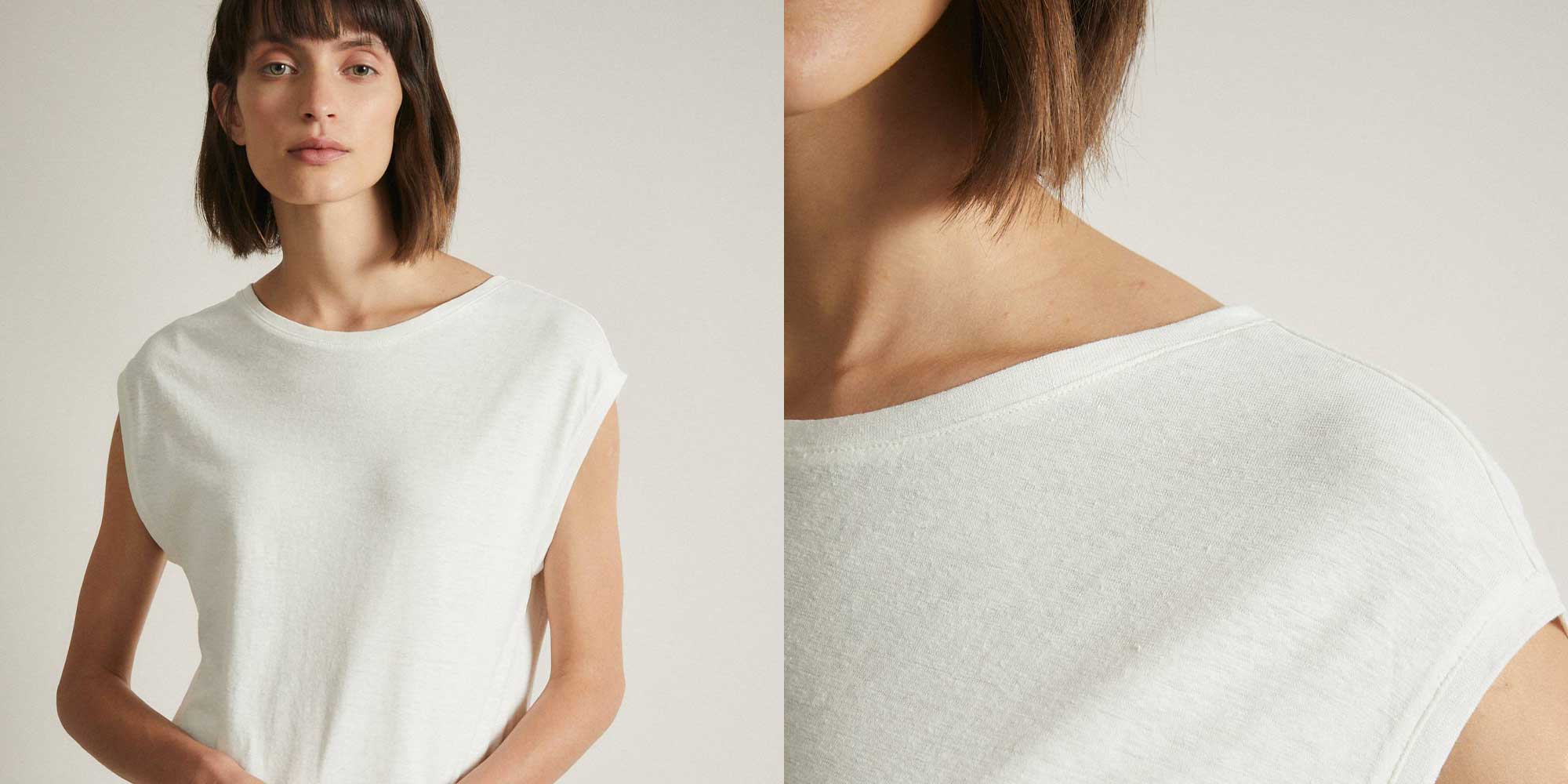 white woman wearing unique cut white hemp and organic cotton t-shirt by LANIUS