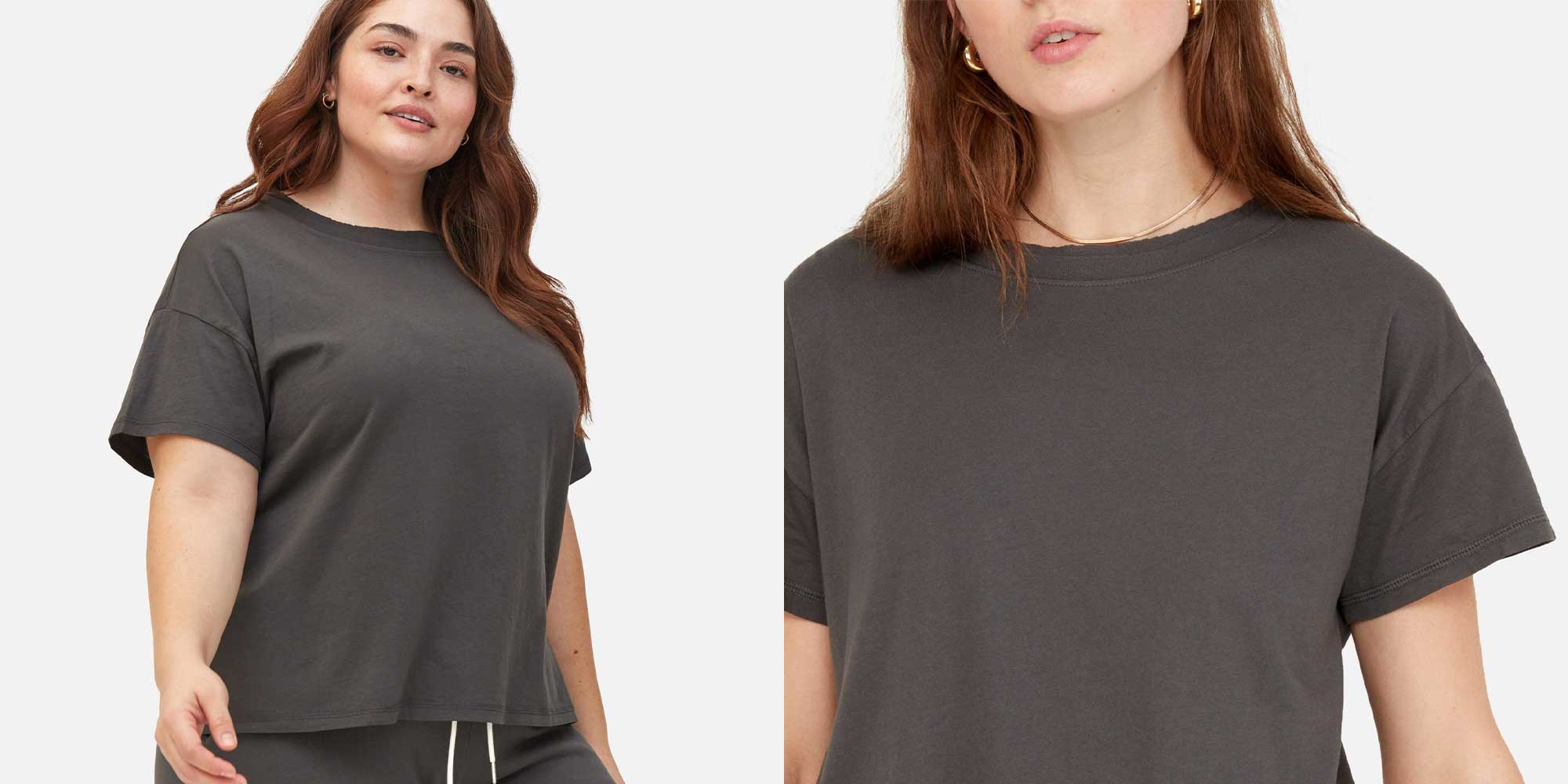 plus size white woman and straight size white woman wearing charcoal grey organic t-shirt by MATE the Label