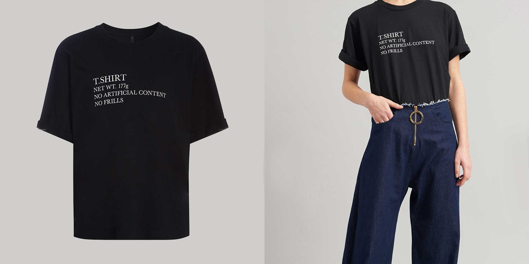 white woman wearing roll sleeve black organic t-shirt by Mother of Pearl with shirt details on the front in white