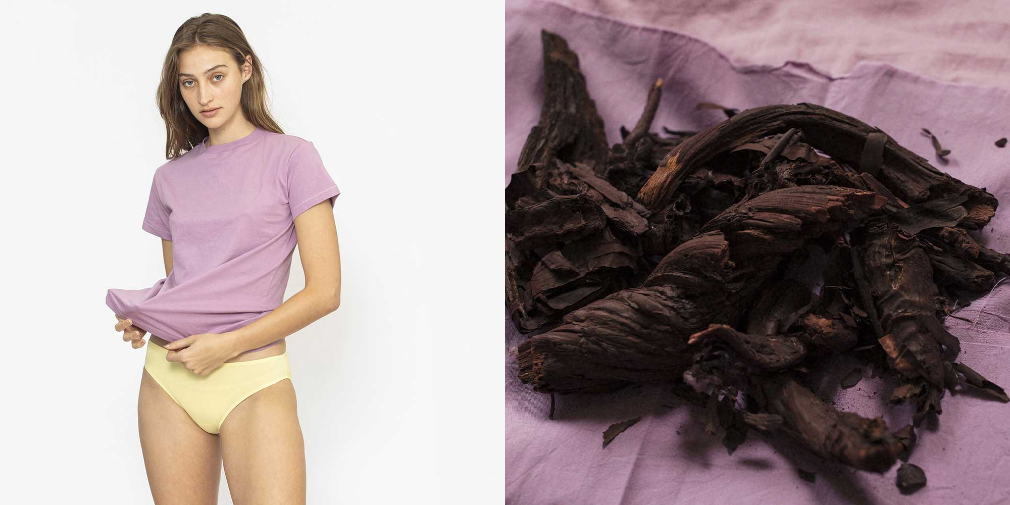 white woman wearing lavender naturally dyed organic t-shirt with pile of dried flowers next to her