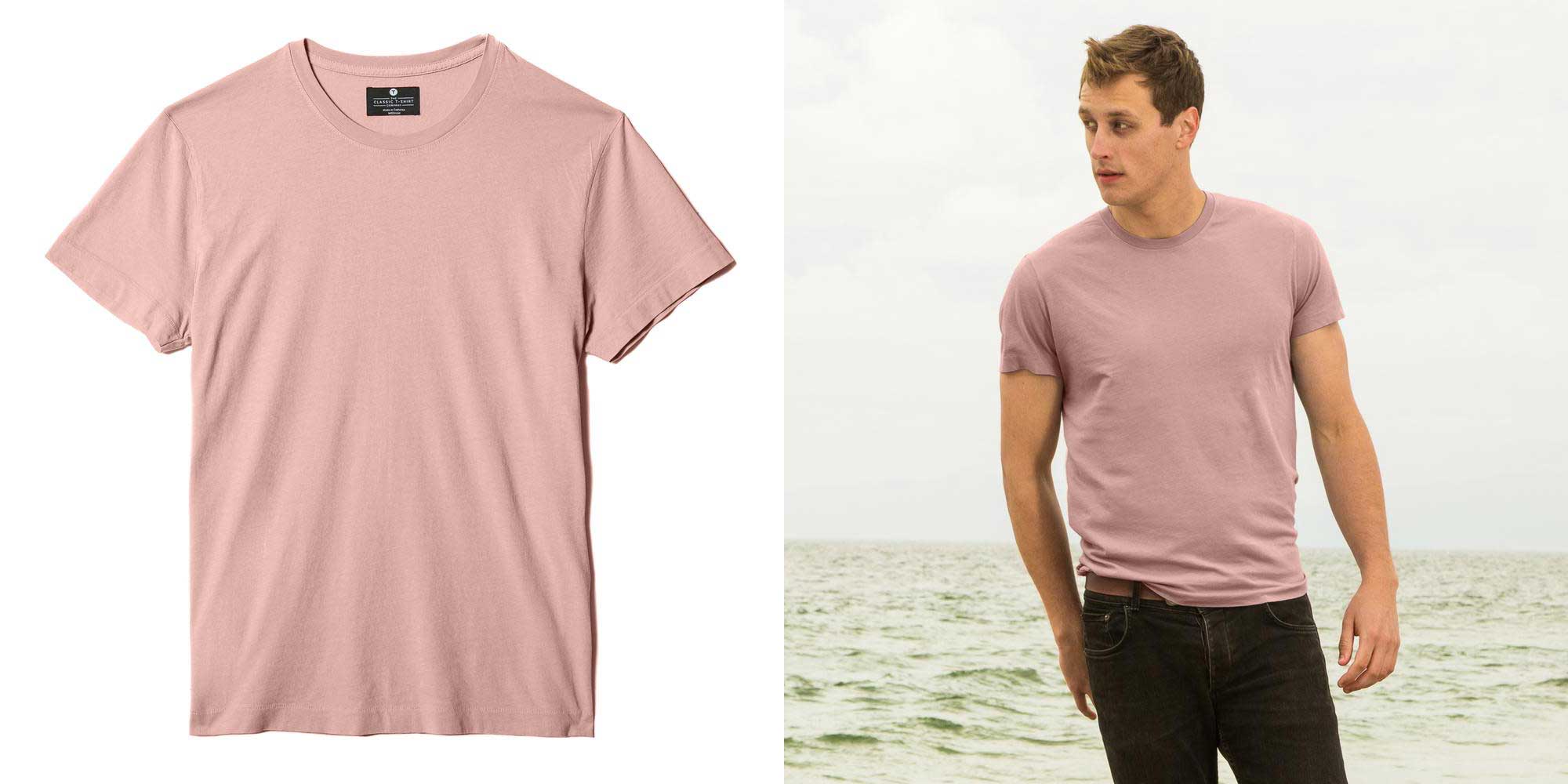 man wearing blush pink crewneck organic t-shirt by The Classic T-Shirt Company