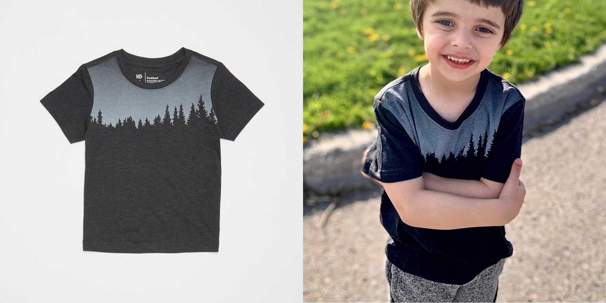 little white boy wearing grey and black tree print tee by tentree