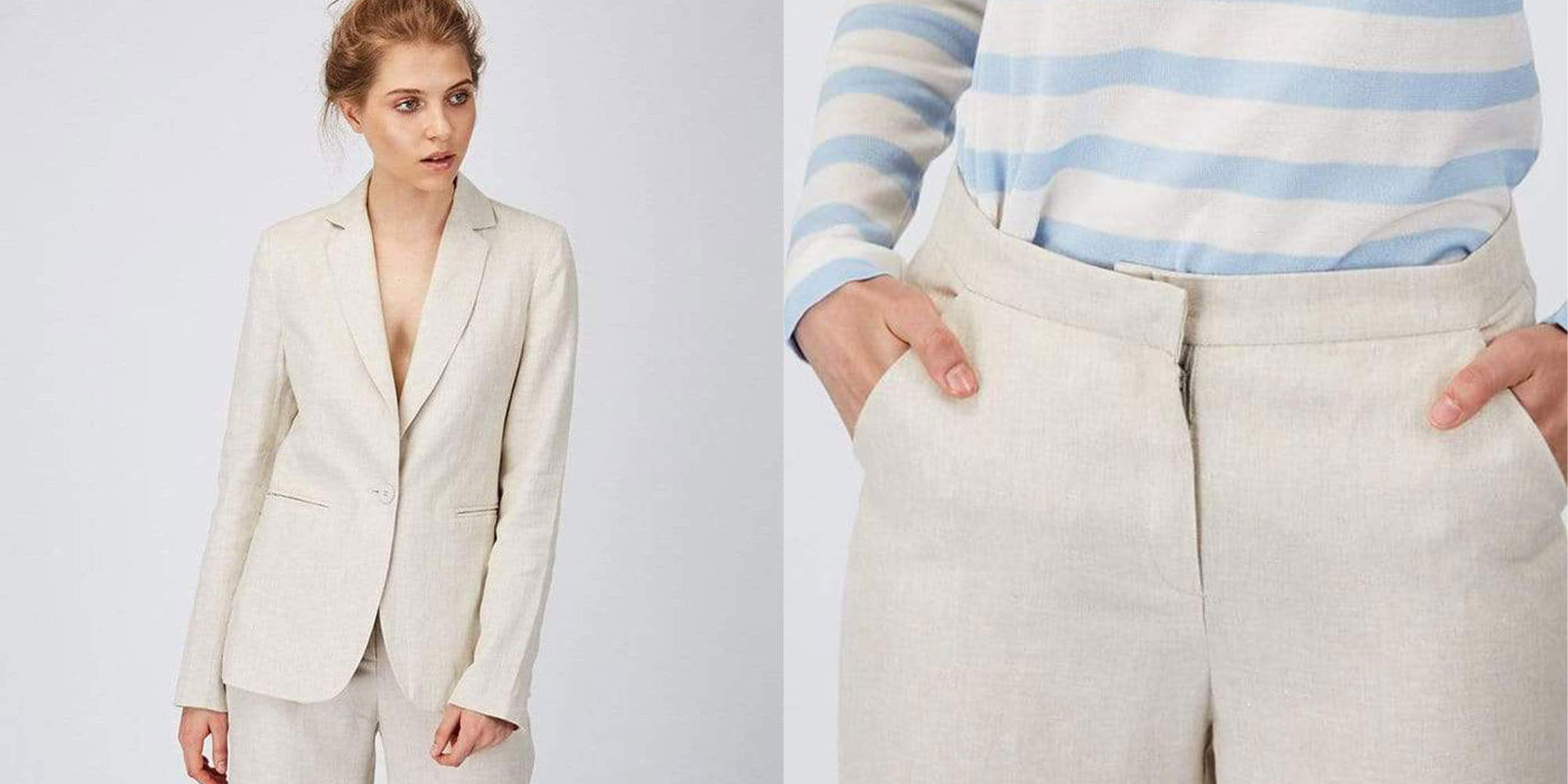 An off white linen blazer and tailors trousers by Nina Rein.