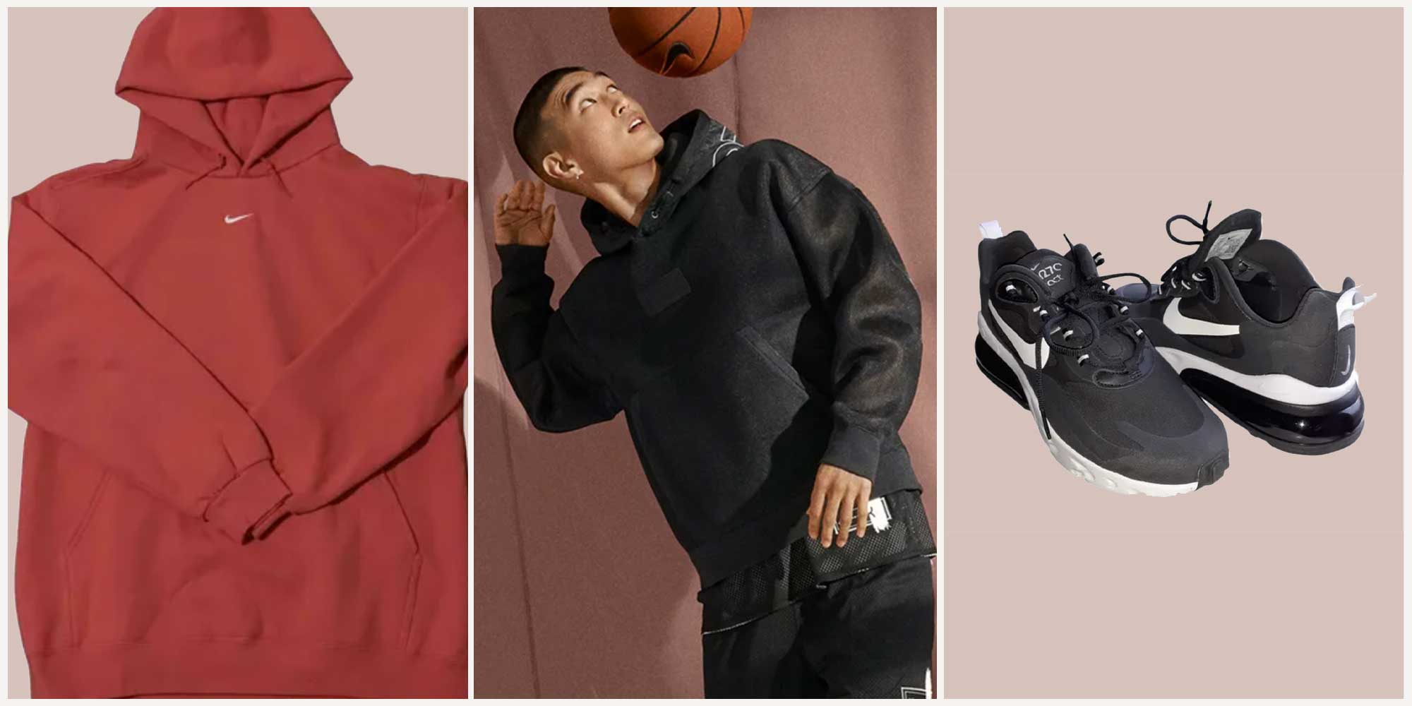 man of colour wearing black Nike sportswear and images of second hand Nike sweater and sneakers