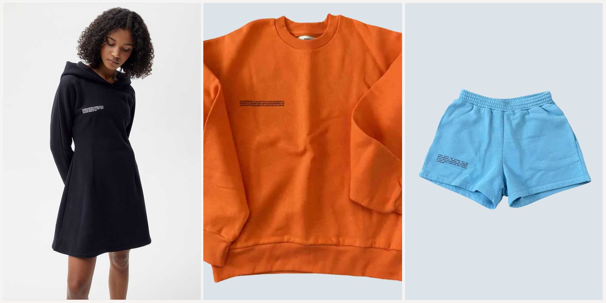 woman of colour wearing sustainable PANGAIA Black sweater dress next to flat lay second hand PANGAIA Clothing from Vestiaire Collective