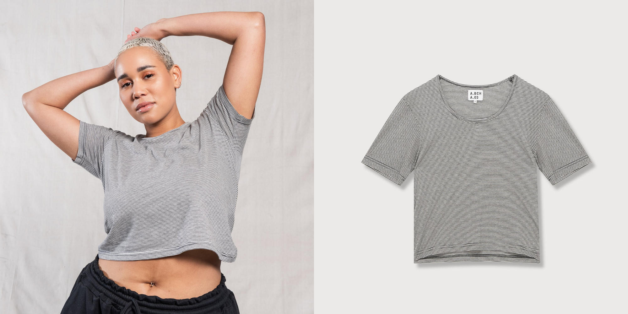 plus size woman of colour rocking a charcoal grey stripe organic crop t-shirt by A.BCH