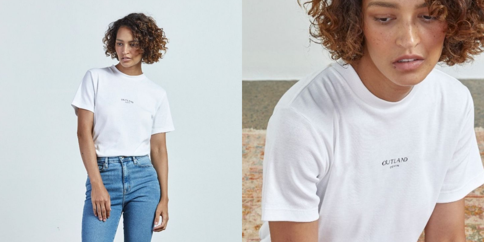 woman of colour wearing white organic t-shirt by Outland Denim with black logo middle front