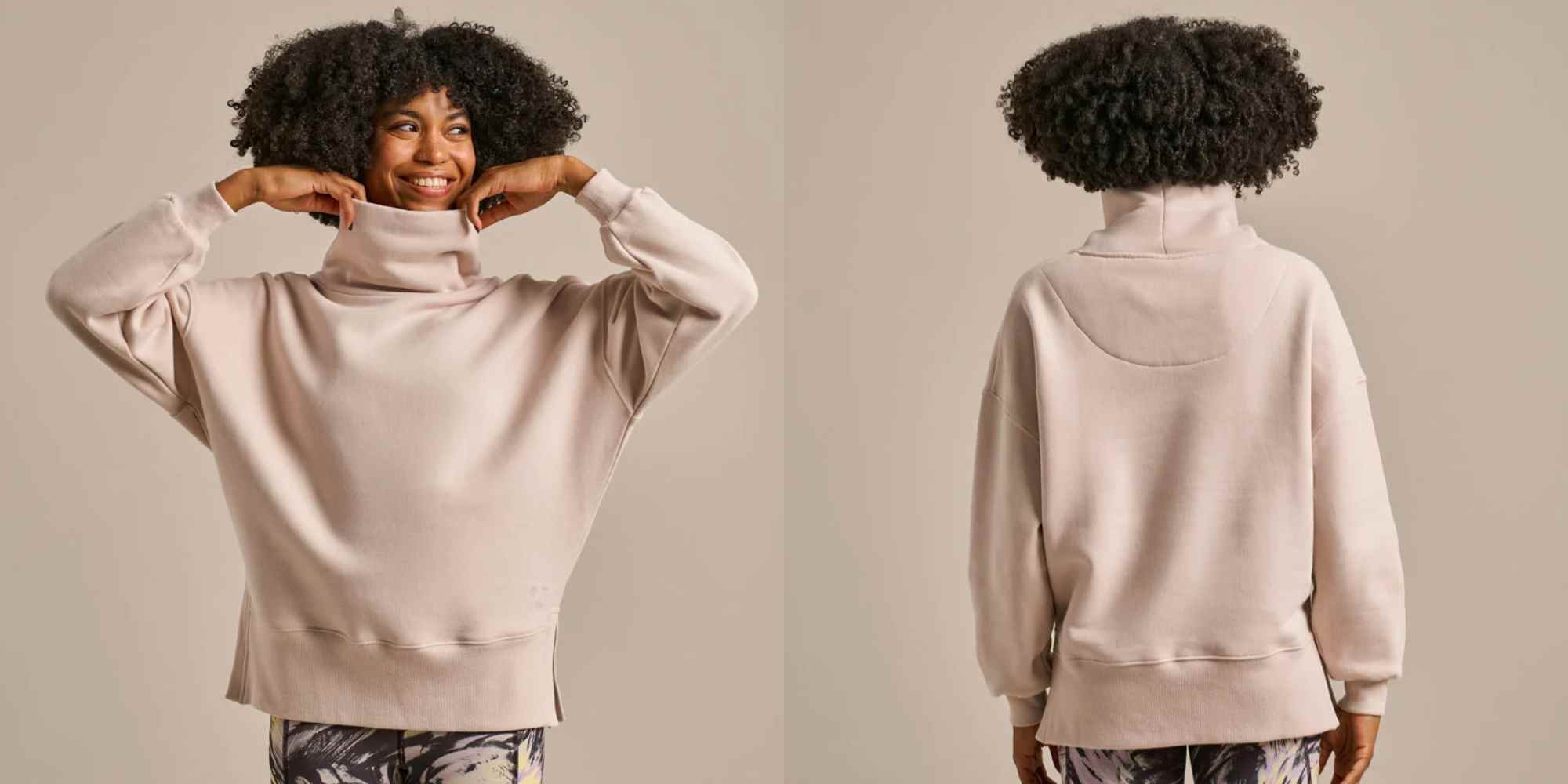 person wearing beige sweatshirt from bam