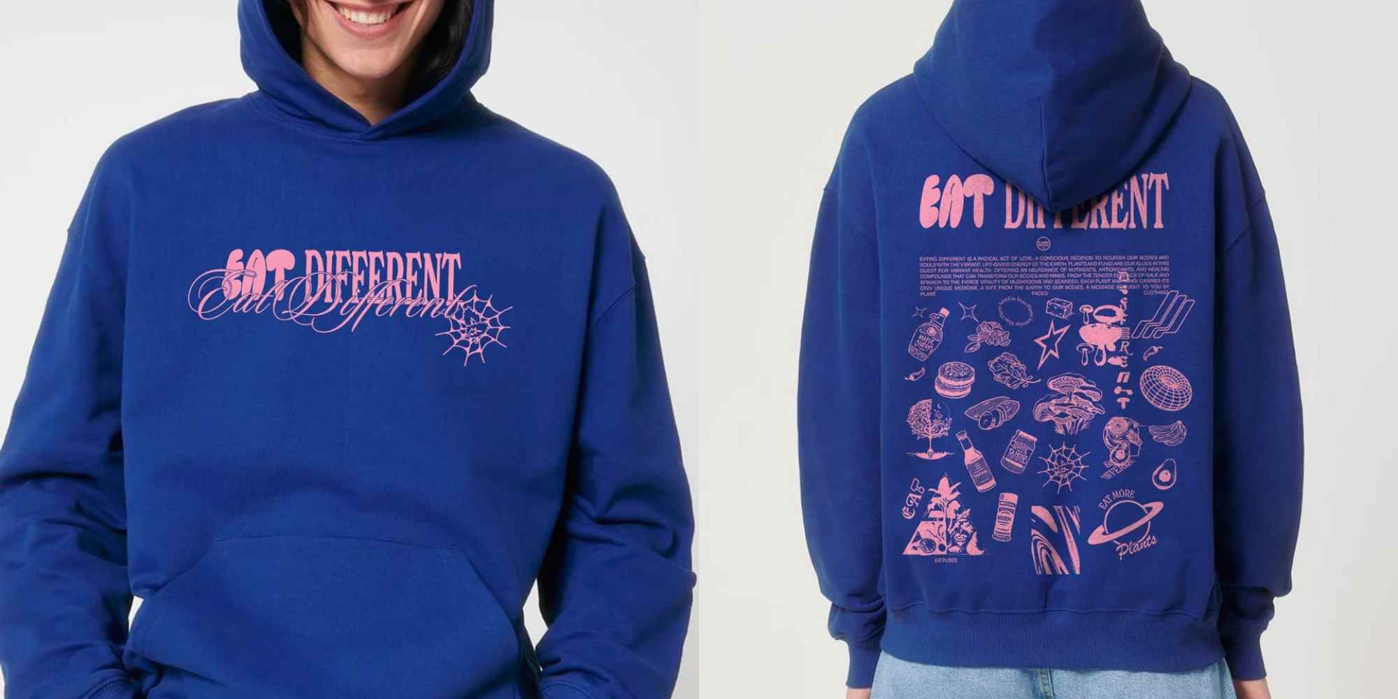 printed blue and pink hoodie from plantfaced clothing