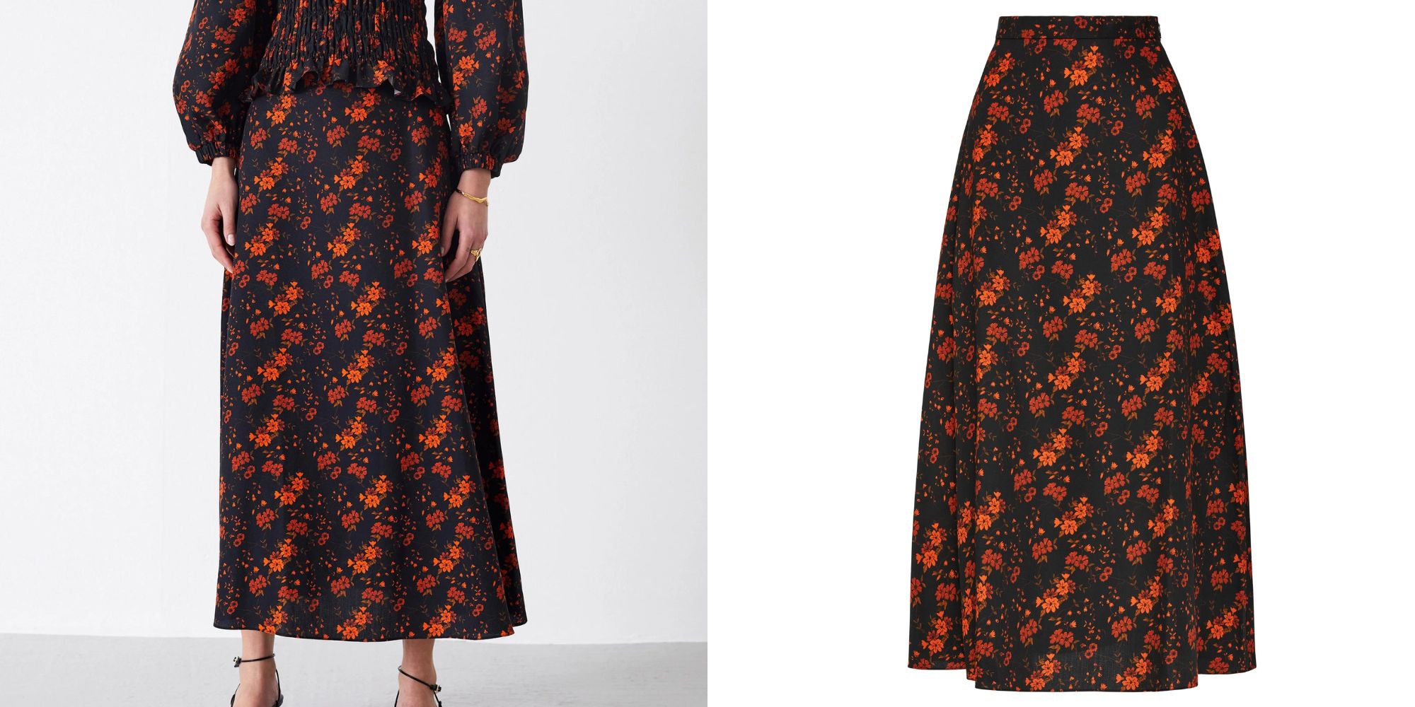 A black orange blossom print TENCEL Lyocell skirt by Mother of Pearl.