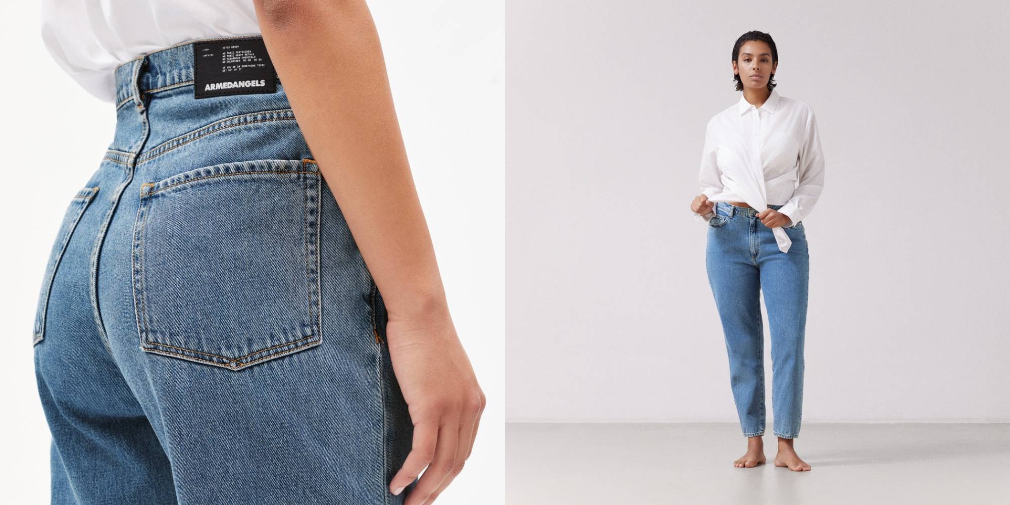 A pair of blue mom jeans by Armedangels.