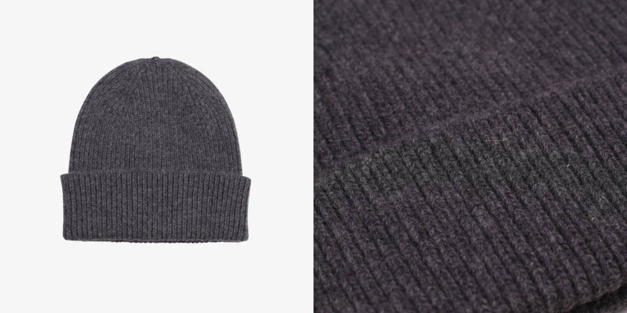 A dark grey beanie by Colorful Standard.