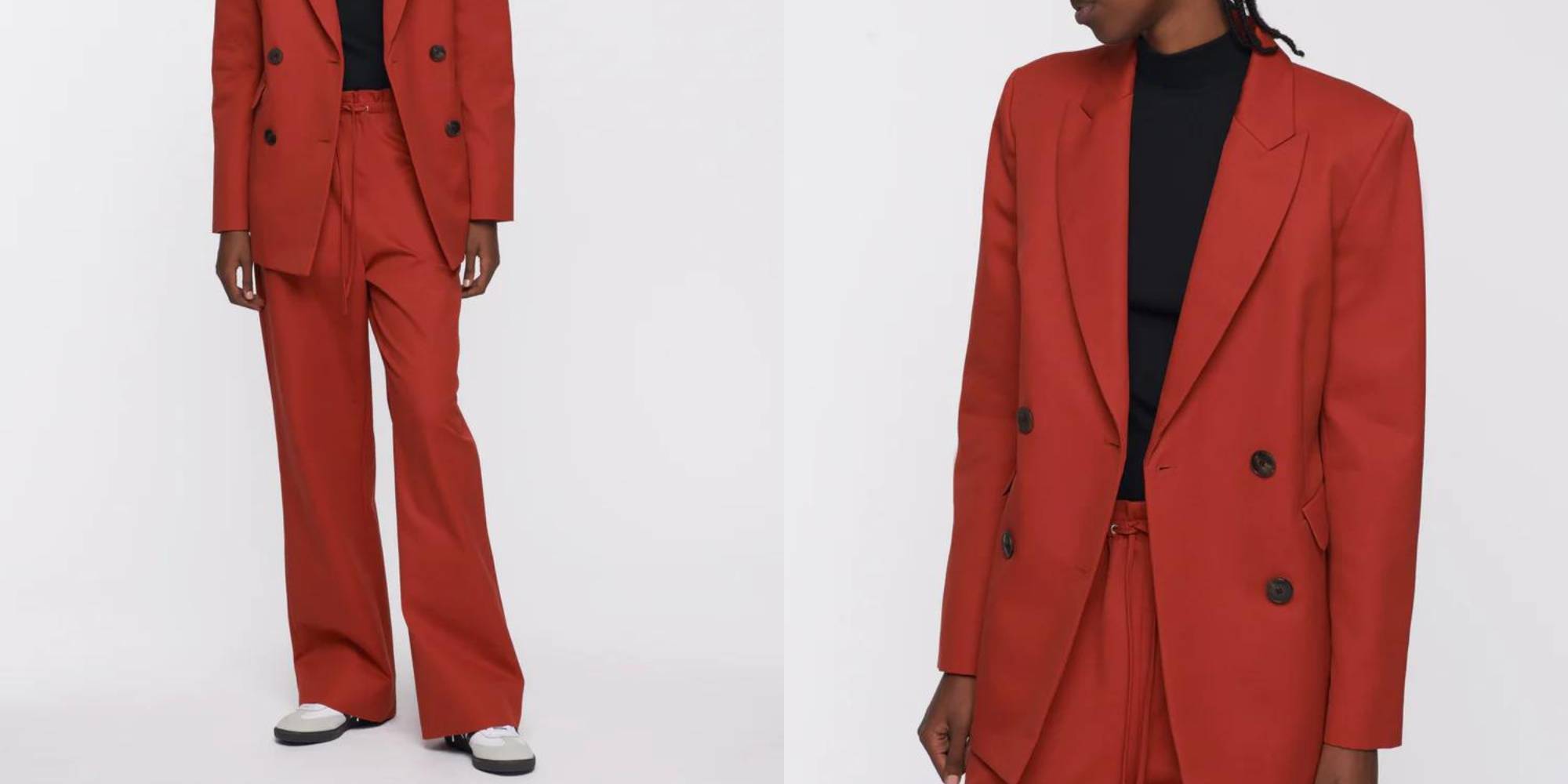 A dark rust orange blazer by Kotn.