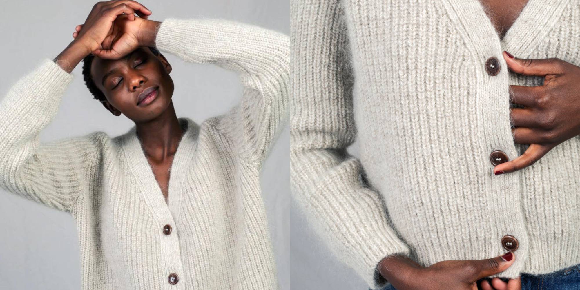 A light grey cotton cardigan with brown buttons from L'Envers.