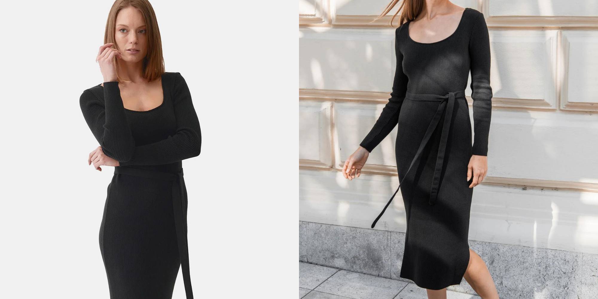 A long knitted black dress with a belt by Mila.Vert.