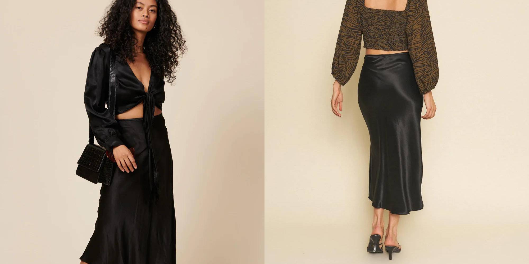 A black silk midi skirt by Whimsy And Row.