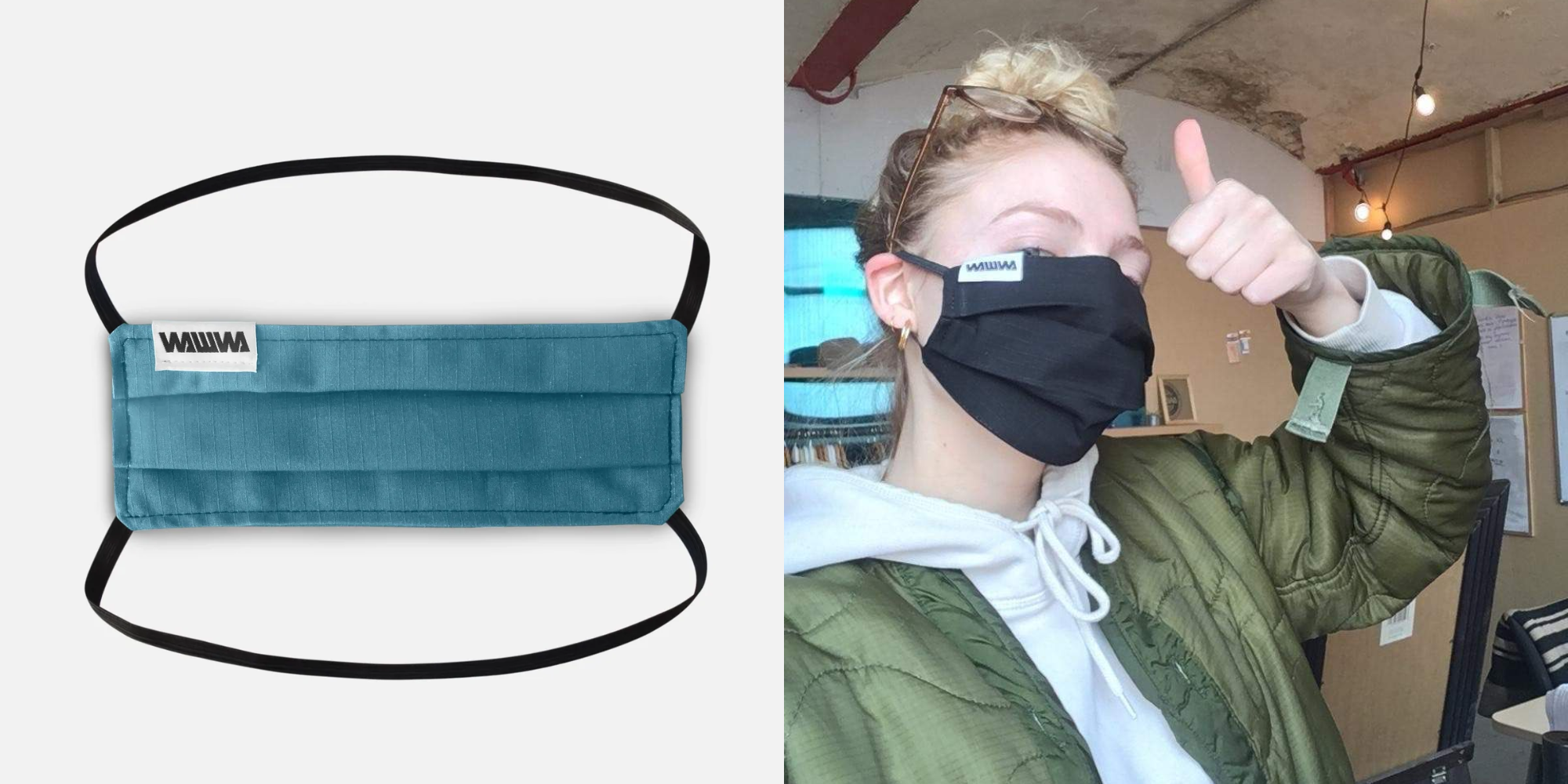 close up of face mask and person wearing face mask by WAWWA