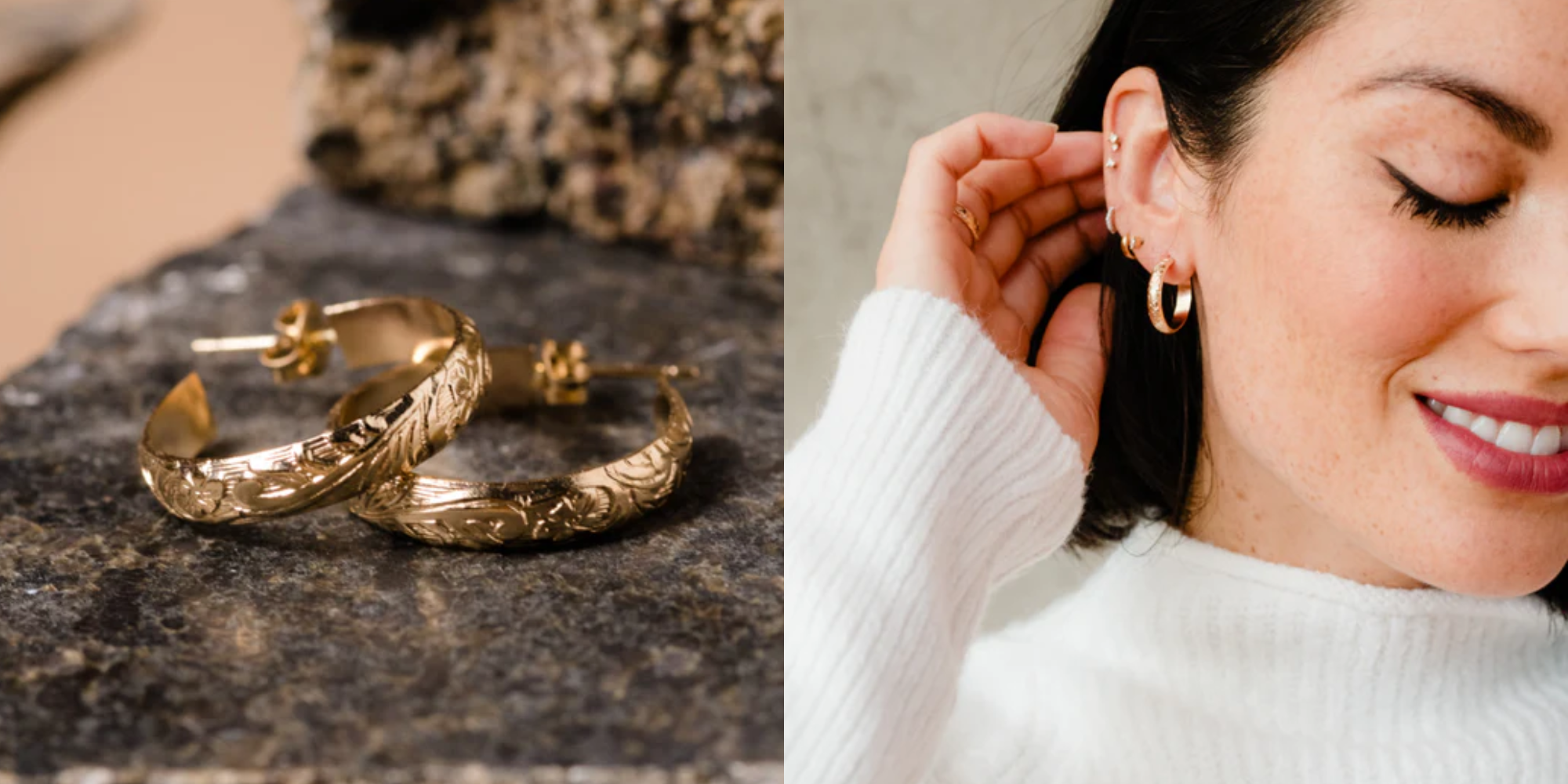 Someone wearing responsibly-made gold hoops by ABLE.