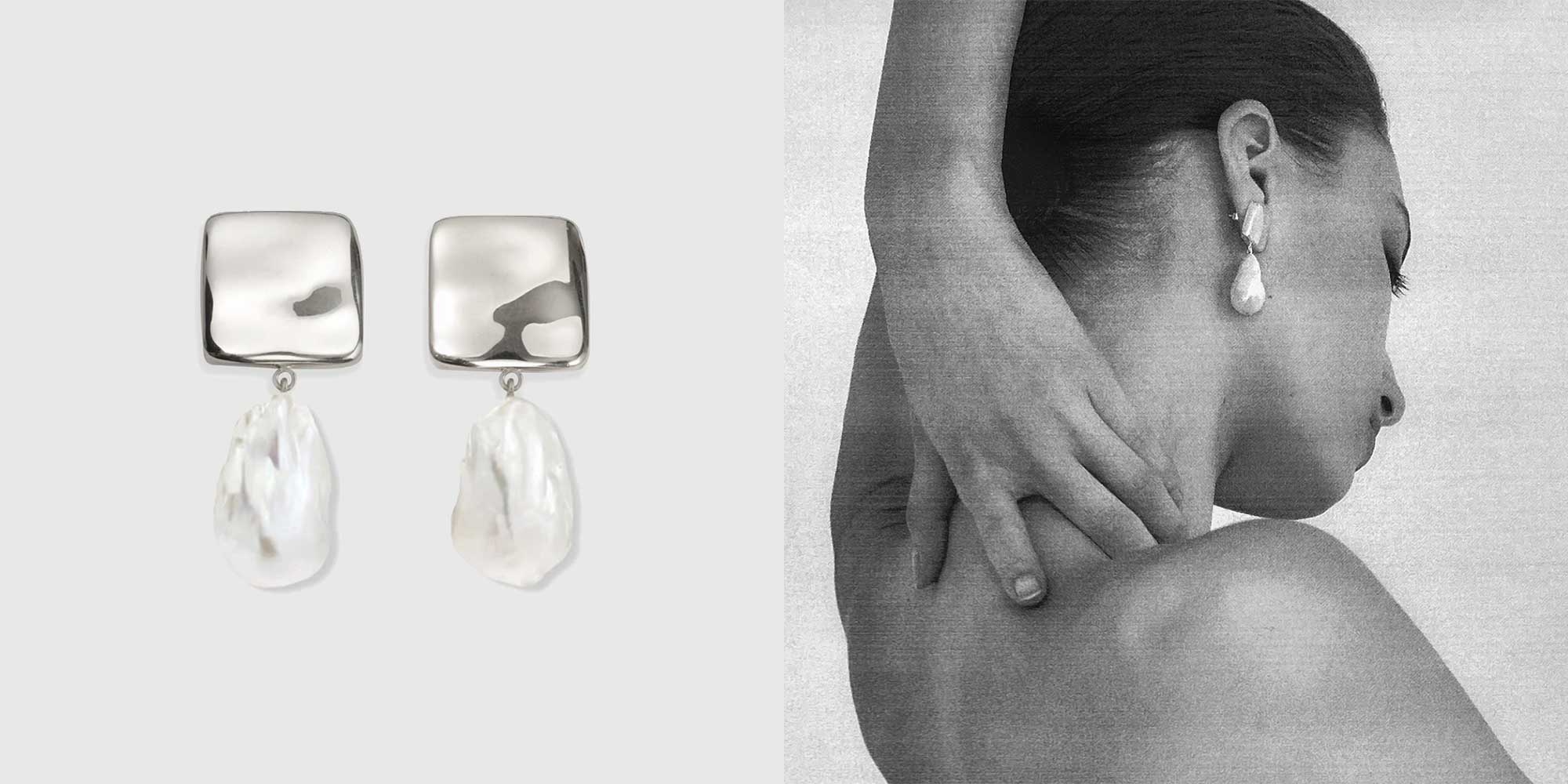 woman wearing silver and pearl pendant earrings by agmes