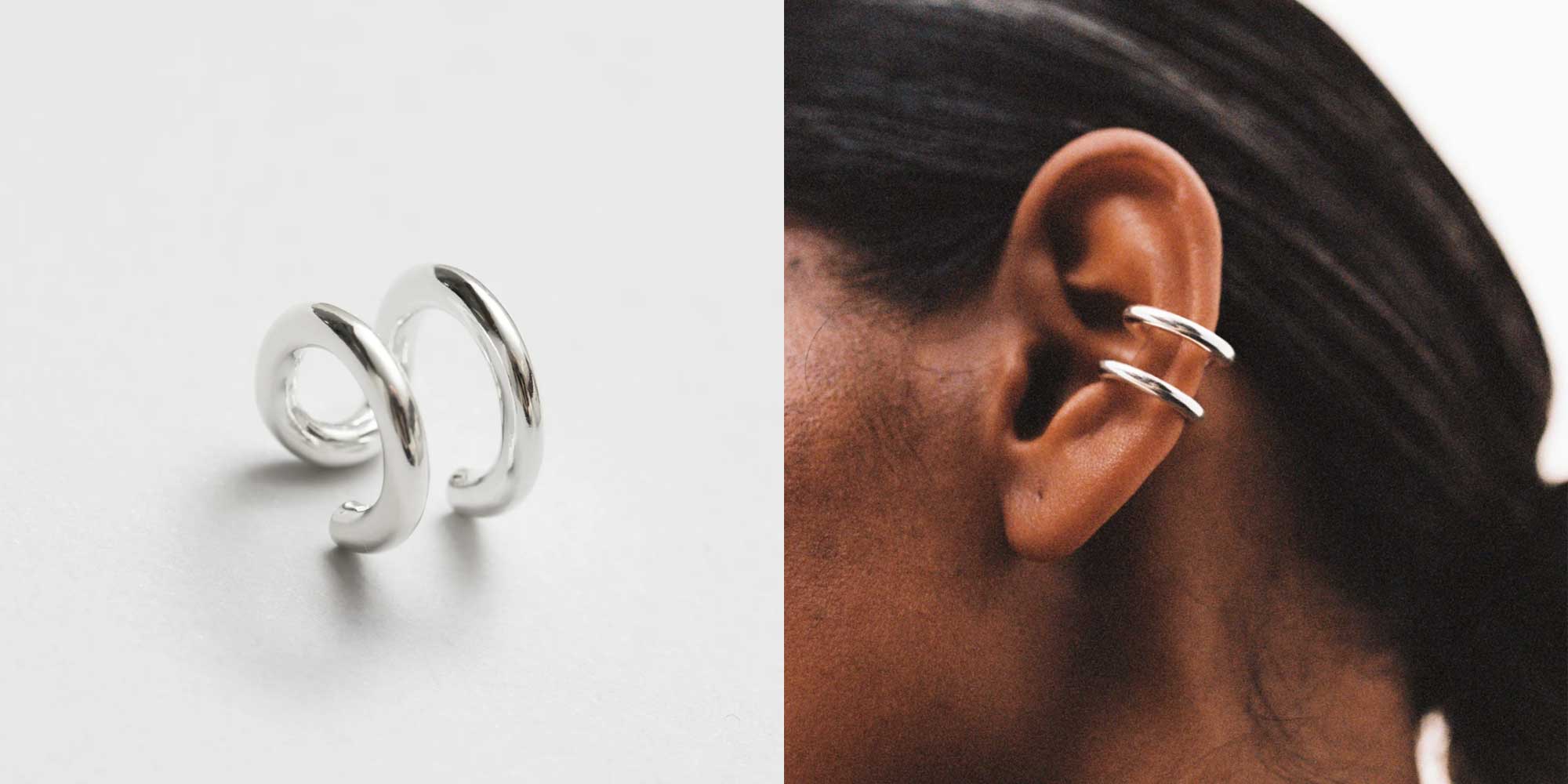 woman wearing double silver hoop earrings
