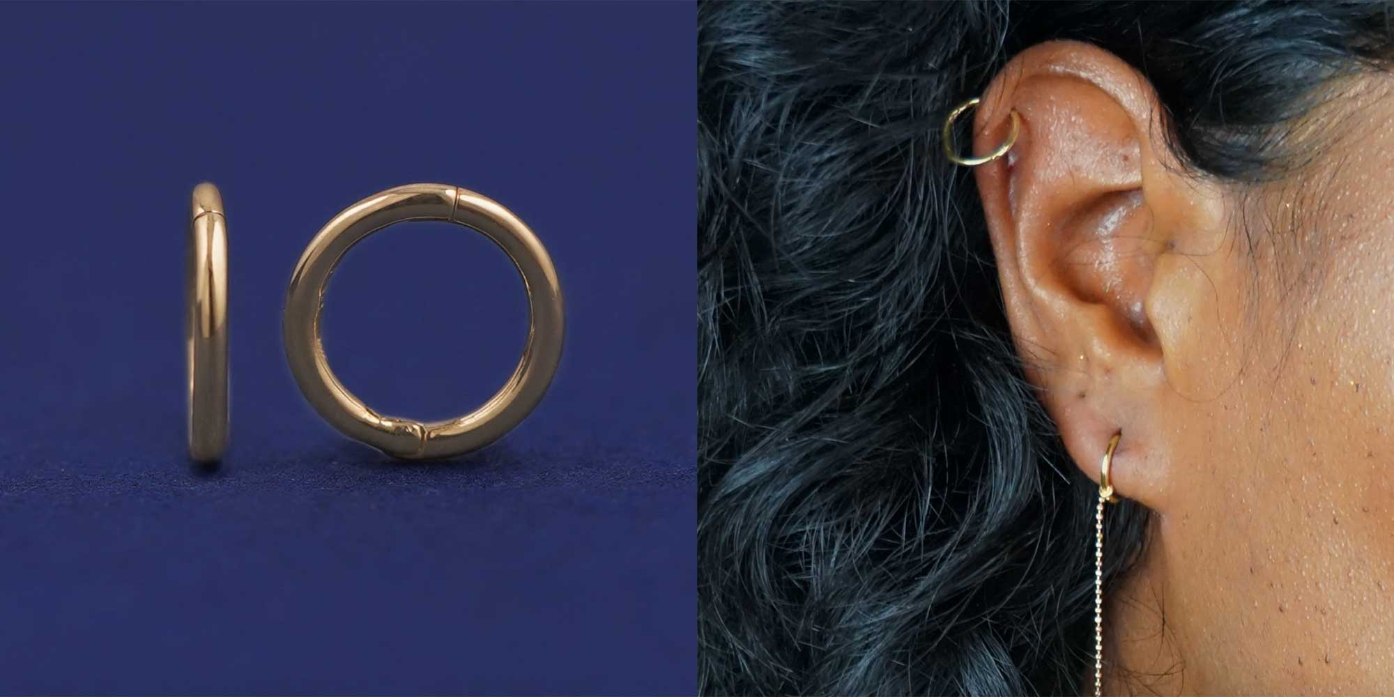 woman wearing 2 gold hoop earrings