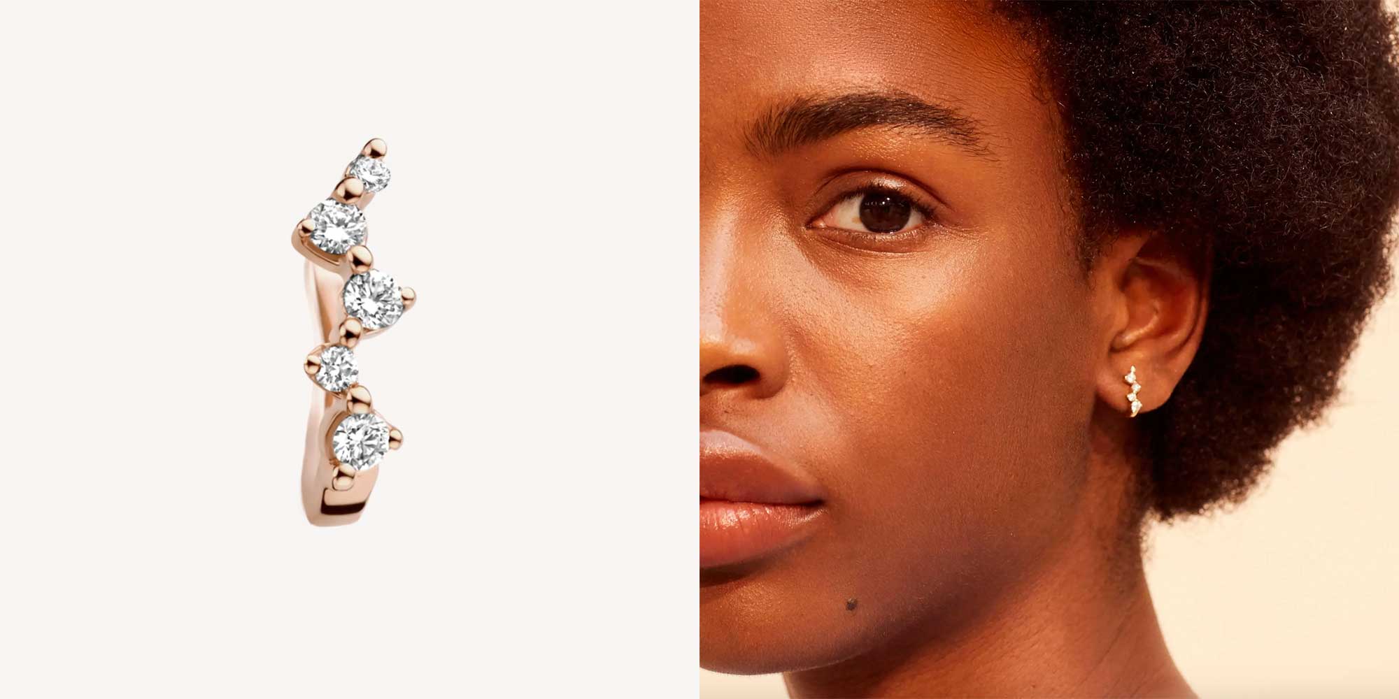 woman wearing rose gold and diamond pendant earrings by kimai