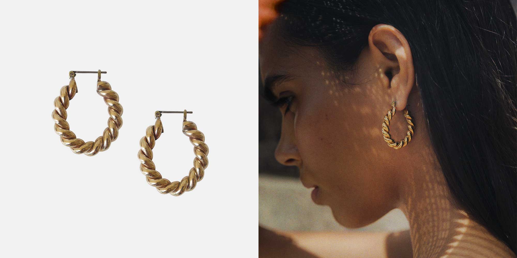 woman wearing ethical gold loop earrings by laura lombardi