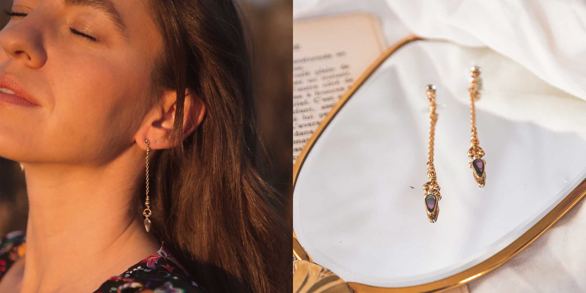 woman wearing gold pendant earrings by tamga designs