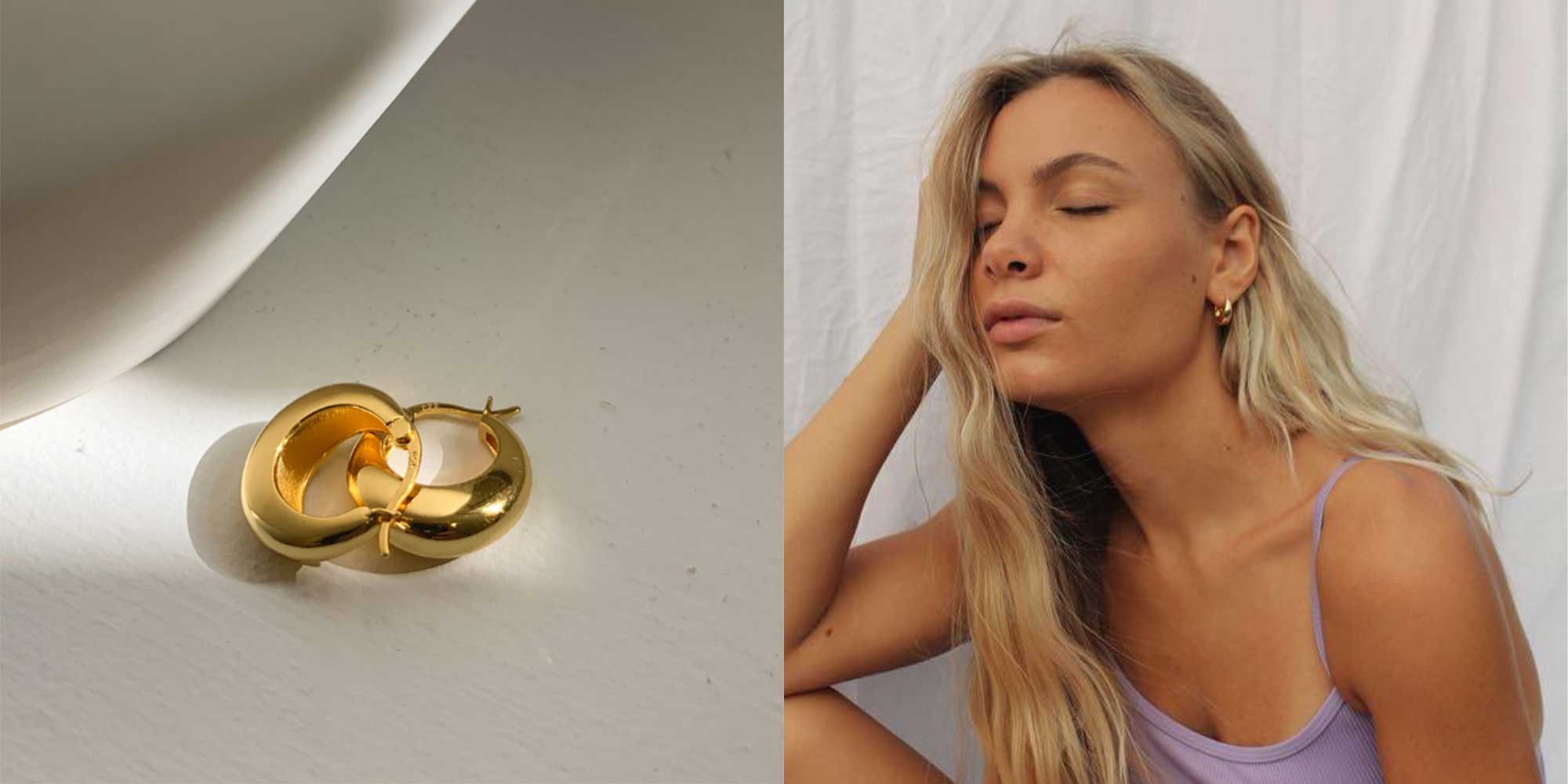 woman wearing small gold hoop earrings