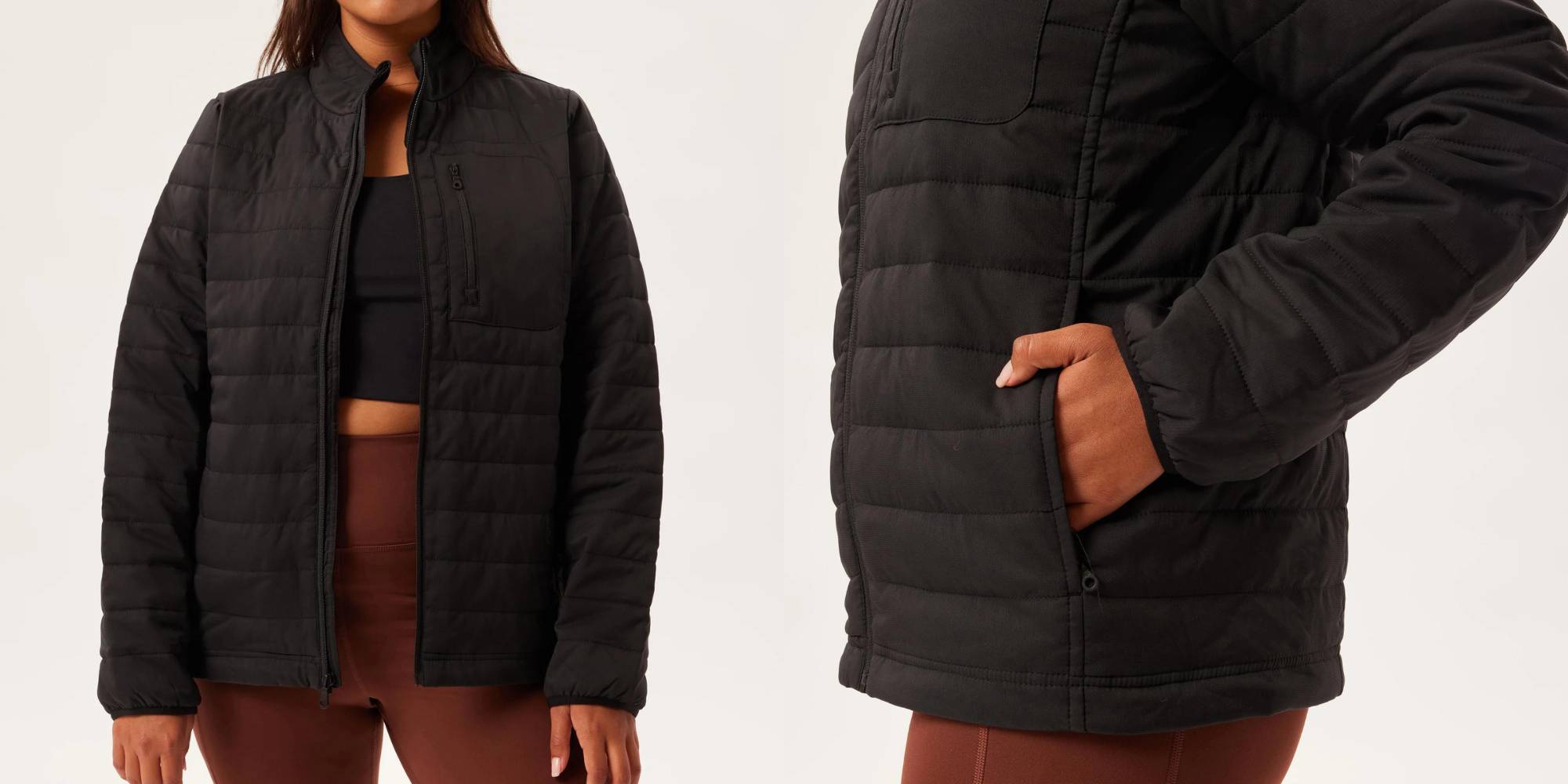 A black packable puffer jacket by Girlfriend Collective.