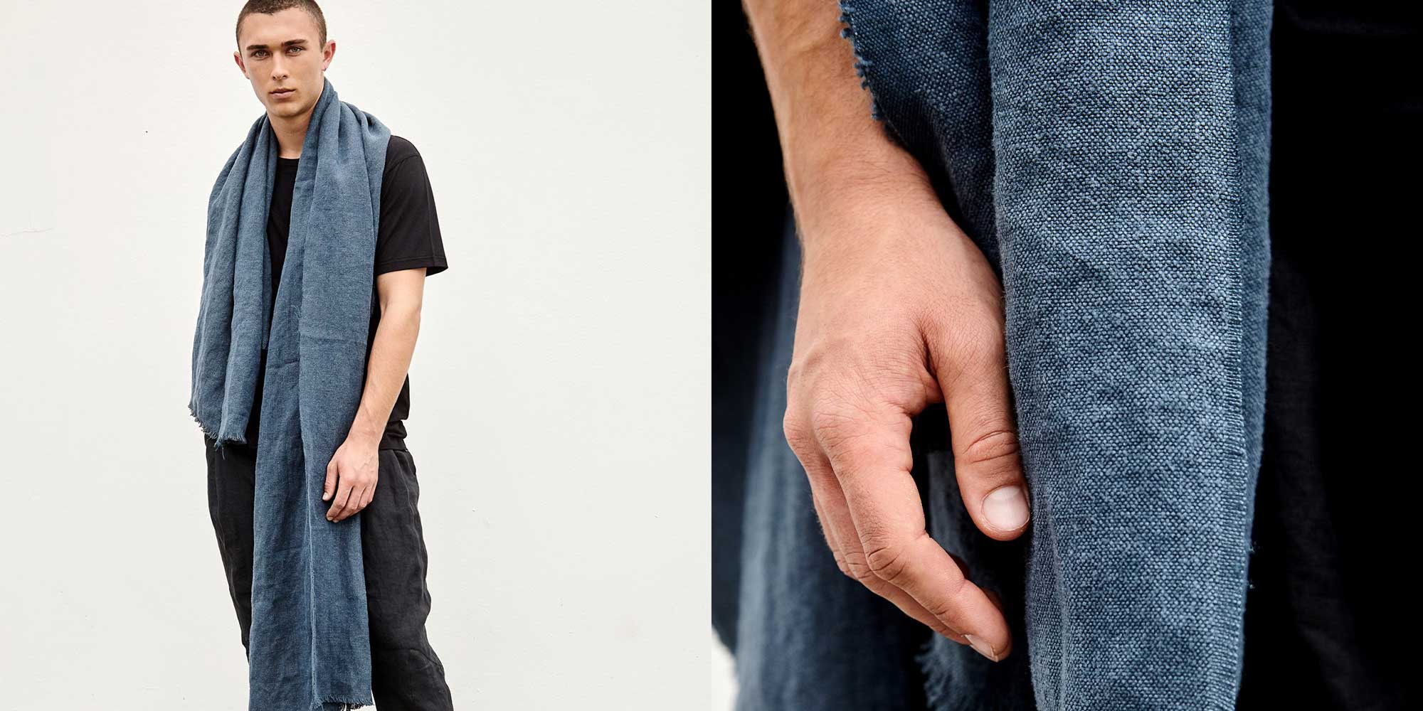 sustainable hemp clothing also found as accessories like this vegan hemp scarf in blue by A.BCH