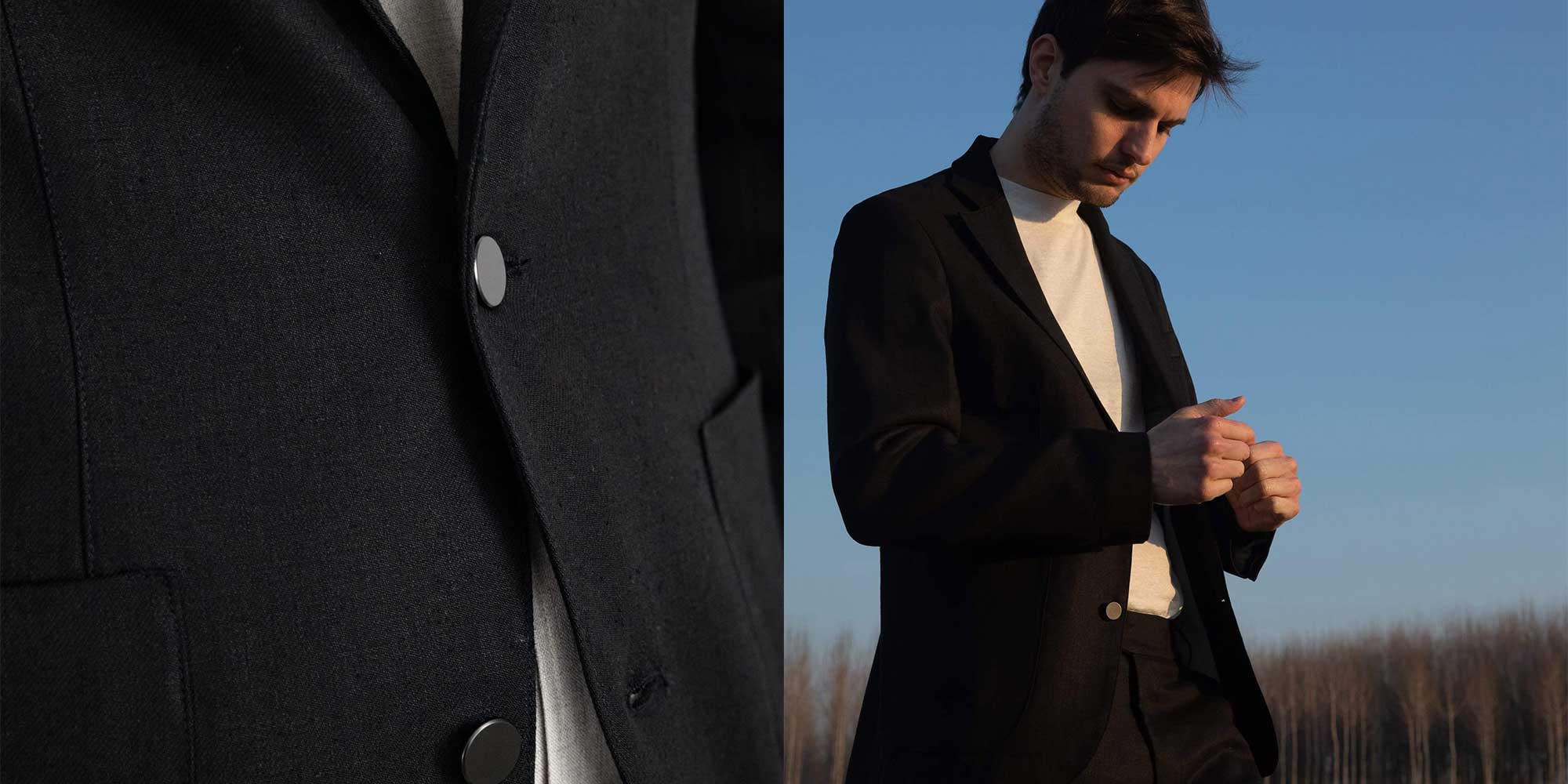 man wearing black opera campi hemp blazer