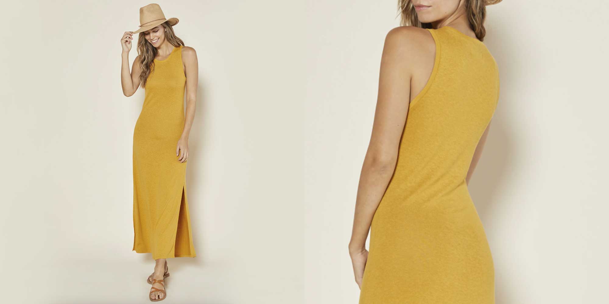 yellow sustainable hemp dress by Outerknown