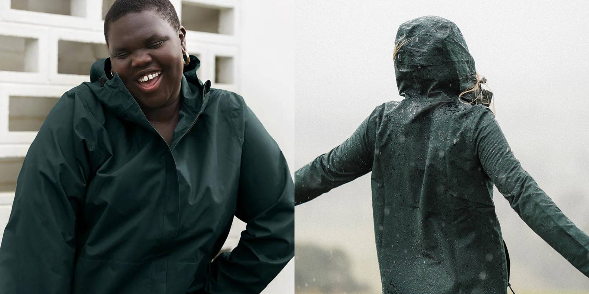 A dark eucalyptus green waterproof rain coat with a hood.