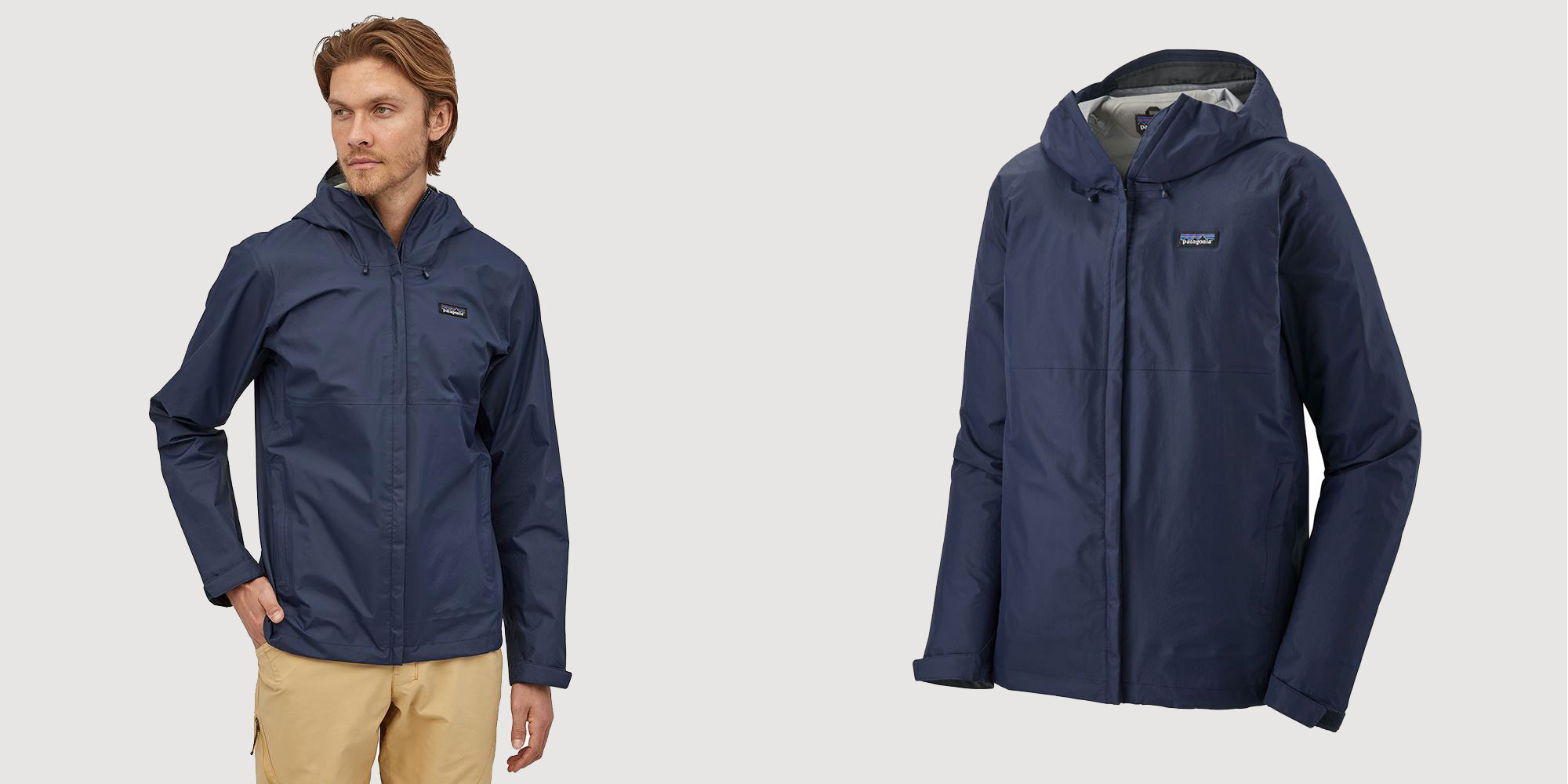 man wearing dark blue rain jacket by patagonia