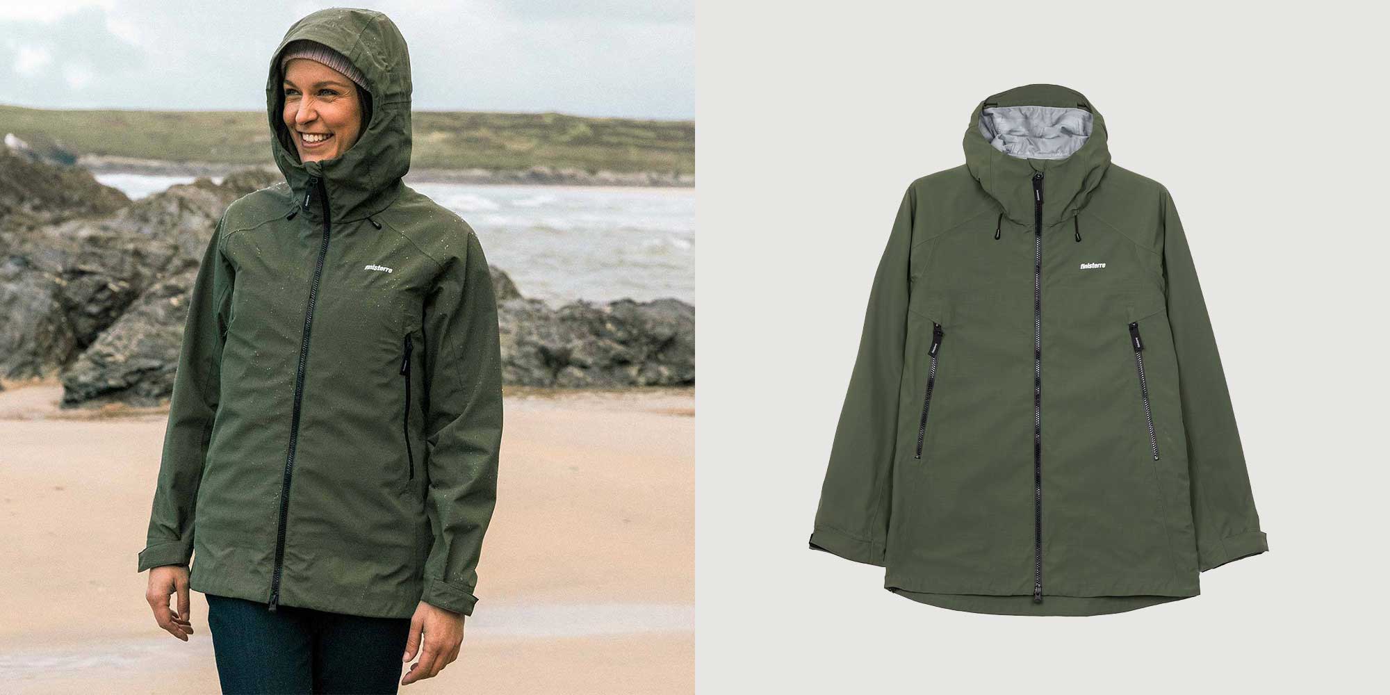 woman wearing dark green waterproof rain jacket by british brand finisterre