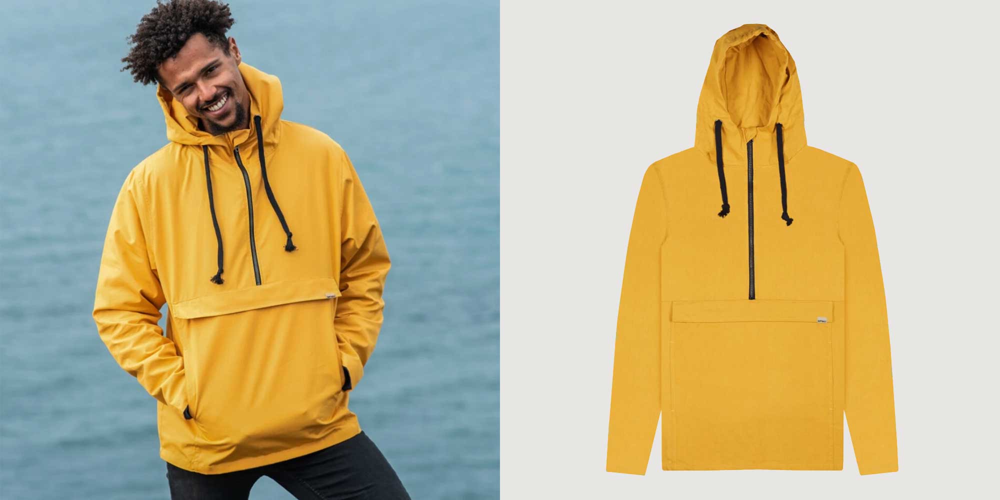 man wearing bright yellow sustainable rain jacket by rapanui