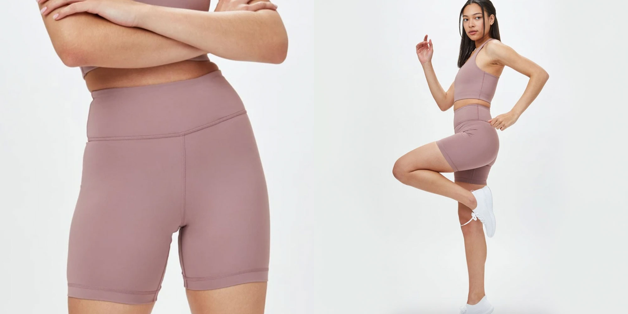 woman stretching in pink eco-friendly running shorts by tentree