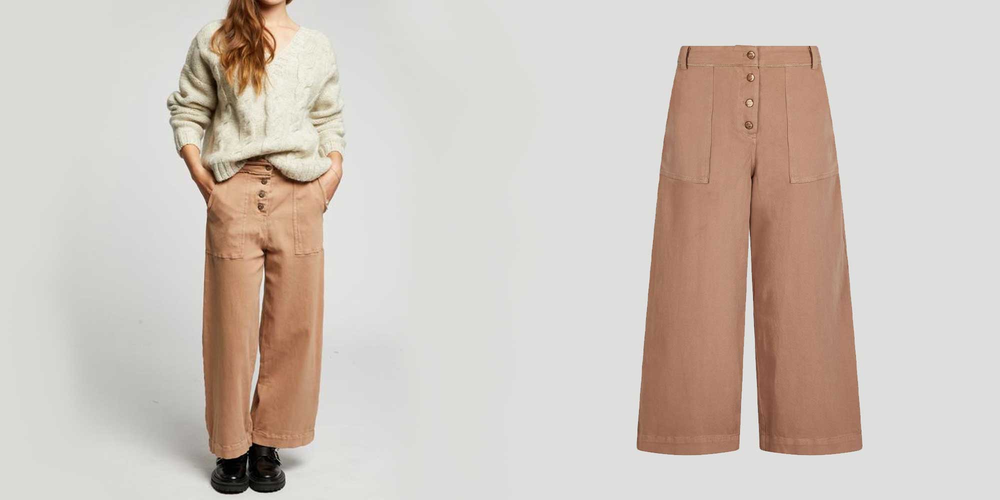 woman wearing vegan sand coloured wide leg pants by Komodo