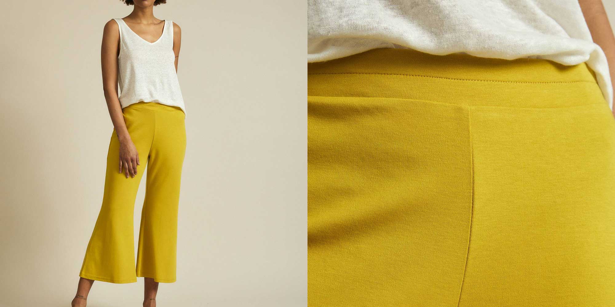 woman wearing bright yellow eco-friendly culottes by LANIUS