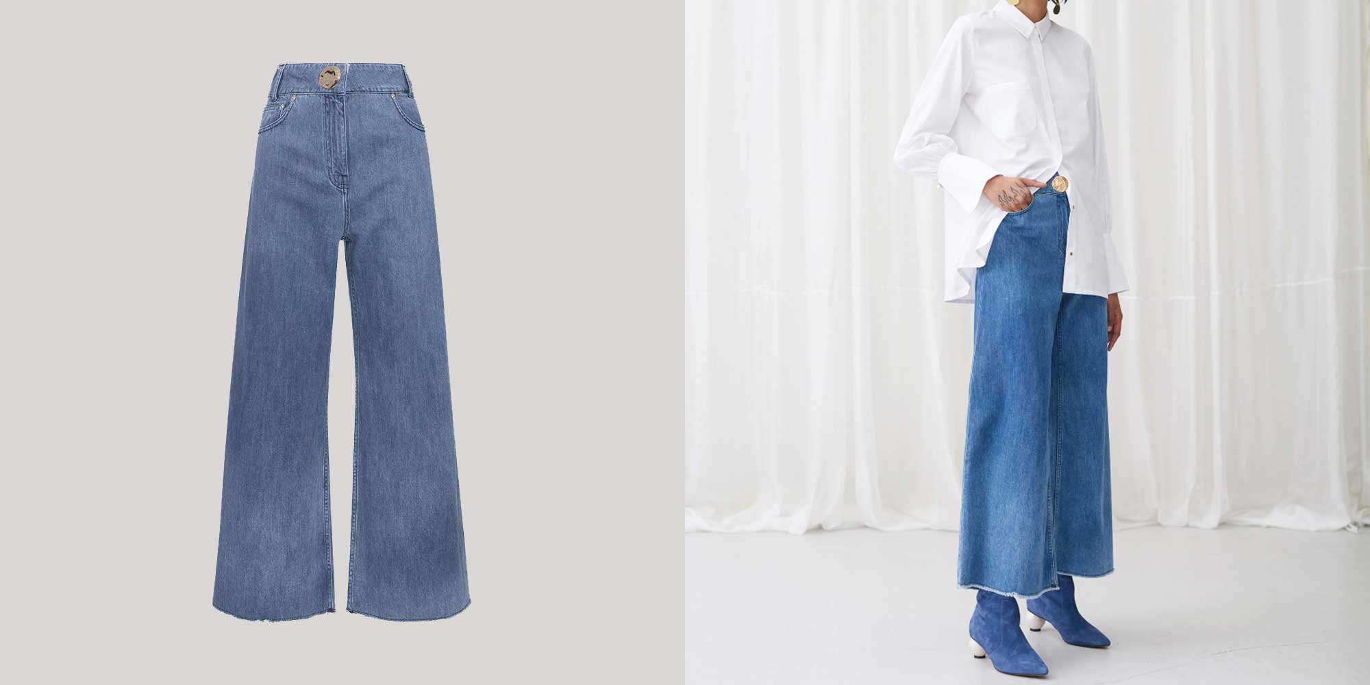 woman wearing wide leg cropped eco jeans by Mother of Pearl
