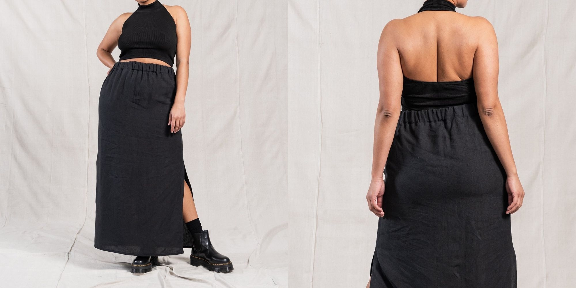 curvy WOC wearing sustainable black linen skirt by A.BCH