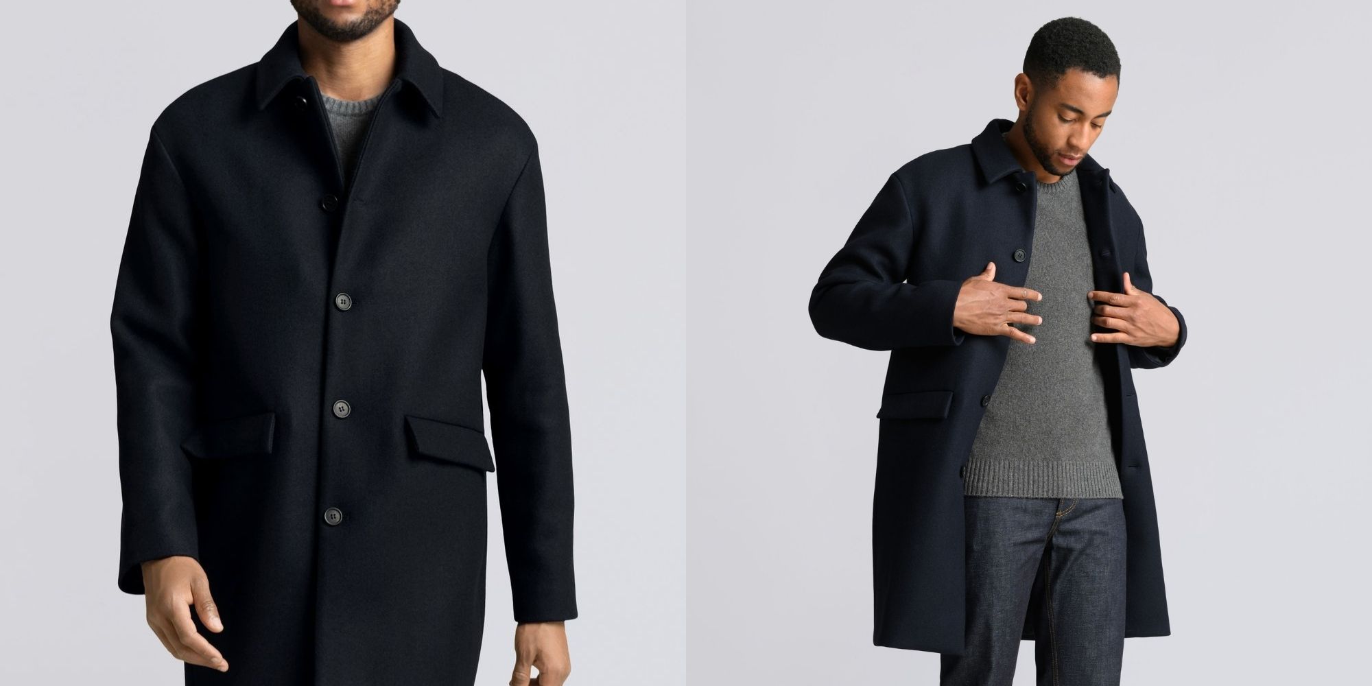 Person wearing a dark navy recycled wool coat made ethically by ASKET.